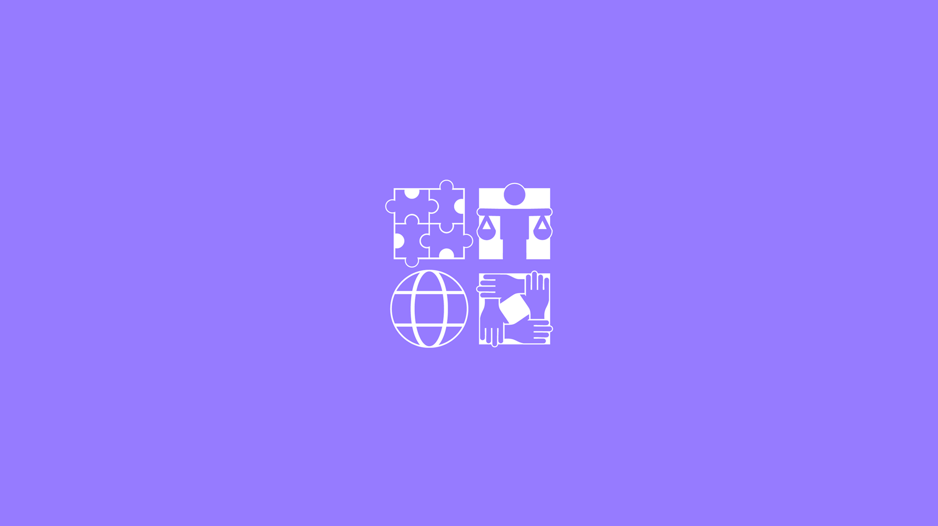 Four icons on a purple background: a puzzle piece, a balance scale, a globe, and two hands shaking, representing collaboration and global connection.