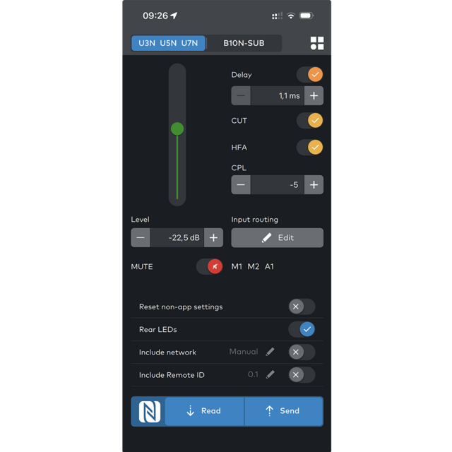 Control panel interface displaying audio settings, including sliders for delay and level, input options, and buttons for mute and sending commands.