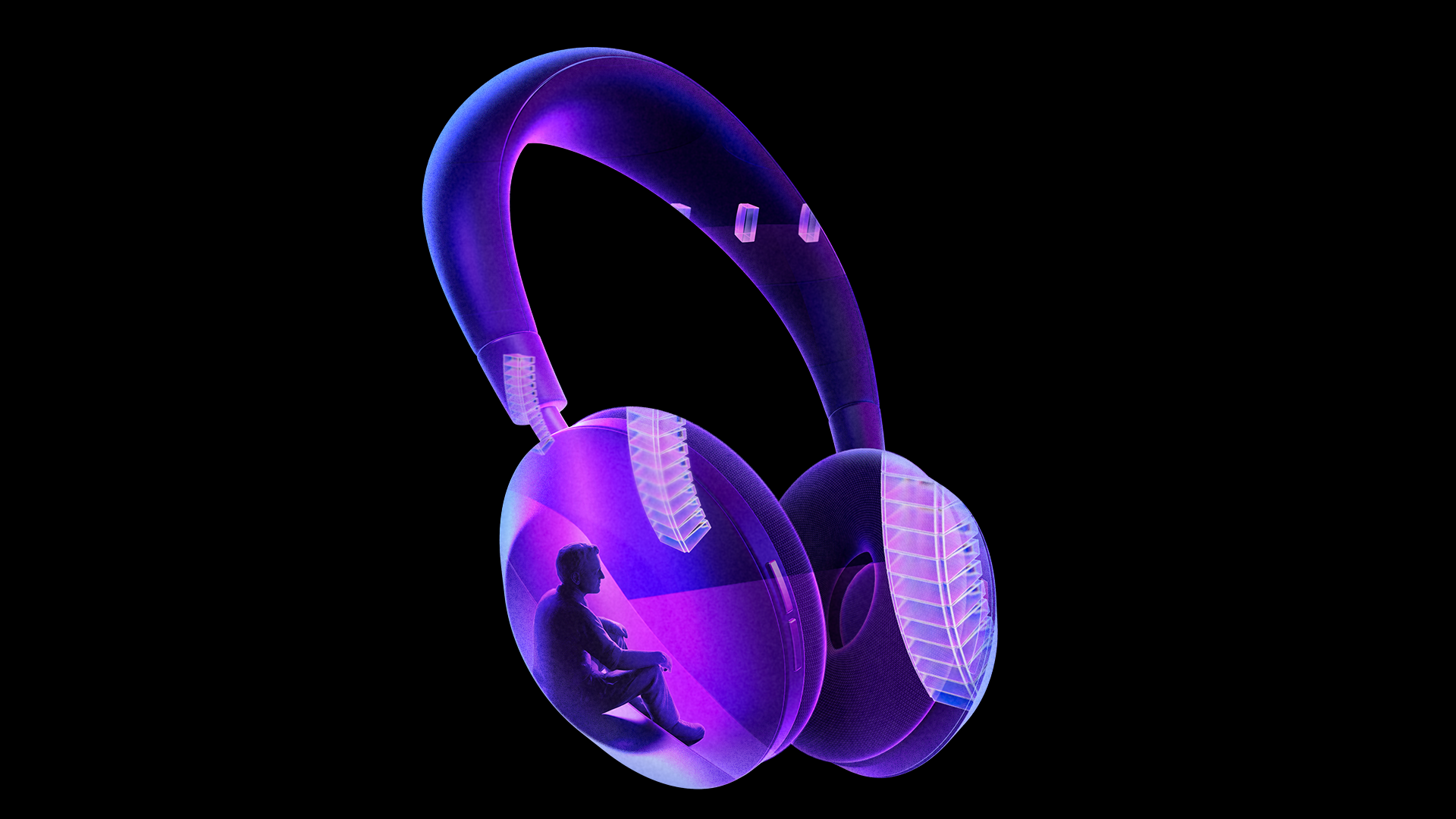Purple headphones with a transparent design, featuring a silhouette of a person sitting inside one ear cup.