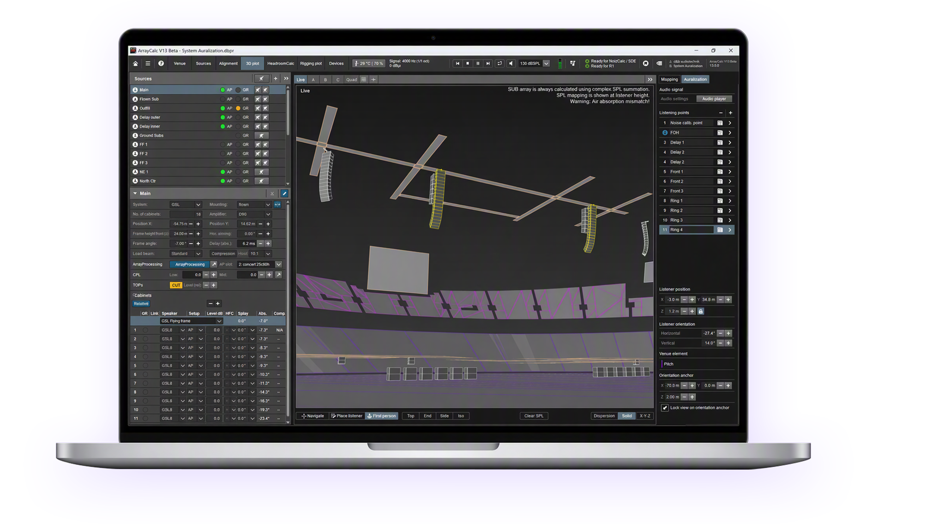 3D modeling software interface displaying a stadium layout with various design elements and settings on a laptop screen.