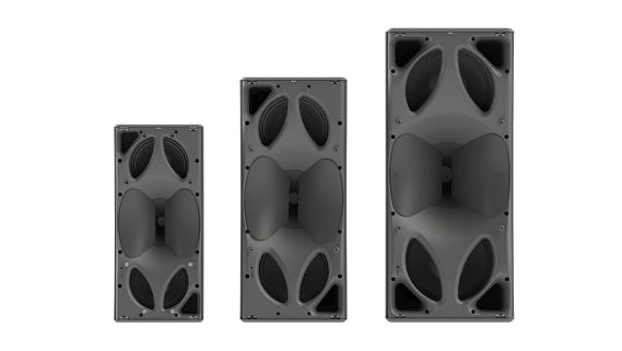 Three black audio speakers of varying sizes arranged from smallest to largest, featuring a distinctive horn design on the front.