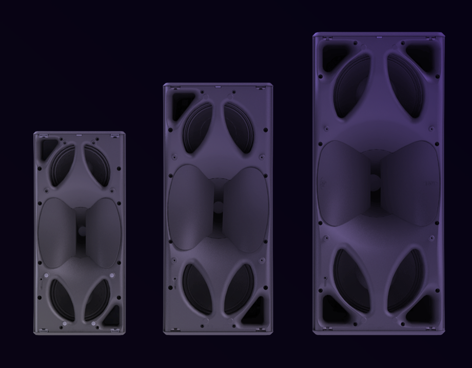 Three audio speakers of varying sizes arranged side by side, featuring a sleek design with prominent speaker cones and a dark background.